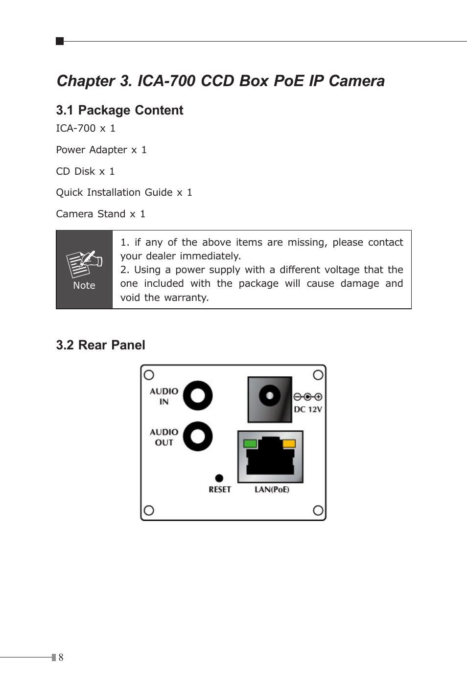 Chapter 3. ica-700 ccd box poe ip camera, 1 package content, 2 rear panel | PLANET ICA-510 User Manual | Page 8 / 28