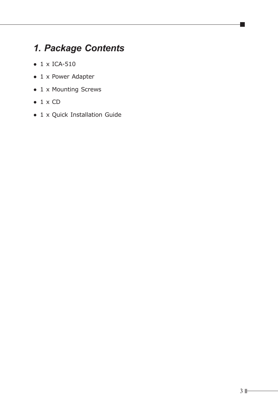 Package contents | PLANET ICA-510 User Manual | Page 3 / 24