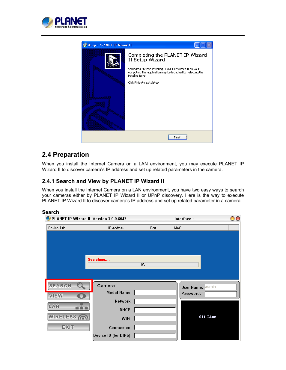 4 preparation, 1 search and view by planet ip wizard ii | PLANET ICA-5150 User Manual | Page 18 / 90