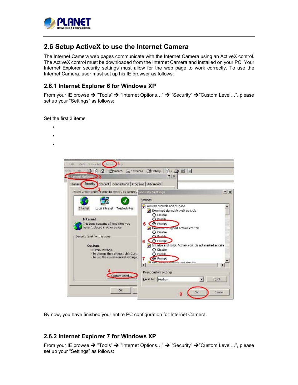 6 setup activex to use the internet camera, 1 internet explorer 6 for windows xp, 2 internet explorer 7 for windows xp | PLANET ICA-5150 User Manual | Page 27 / 90