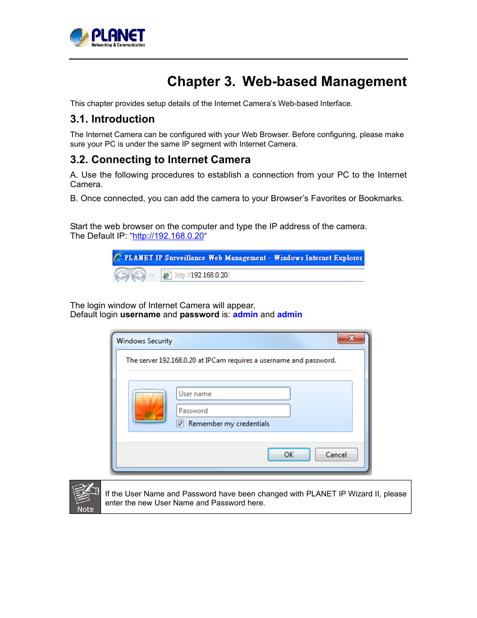 Chapter 3. web-based management, Introduction, Connecting to internet camera | Introduction 3.2. connecting to internet camera | PLANET ICA-5150 User Manual | Page 30 / 90