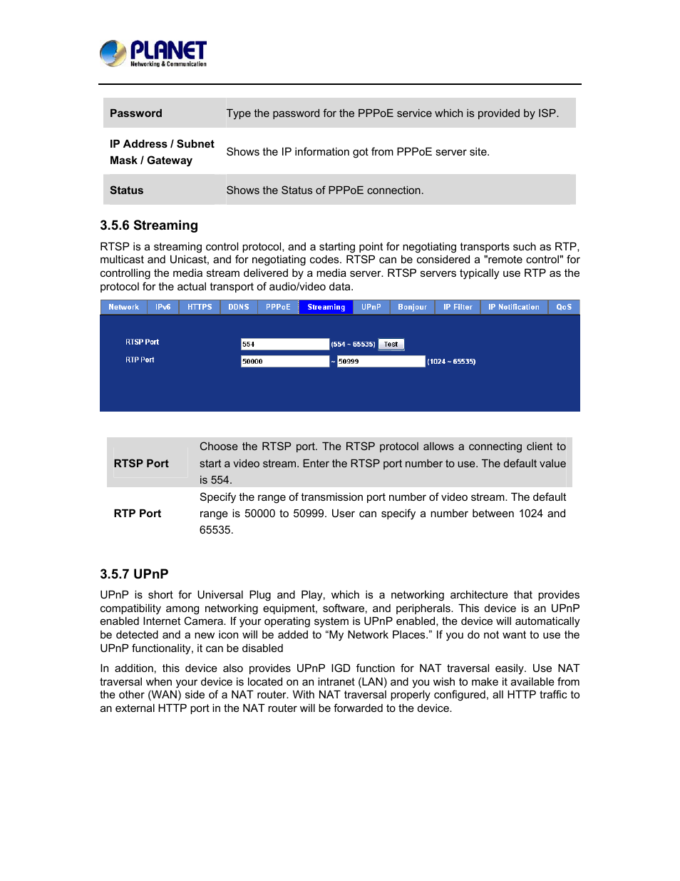 6 streaming, 7 upnp, 6 streaming 3.5.7 upnp | PLANET ICA-5150 User Manual | Page 42 / 90