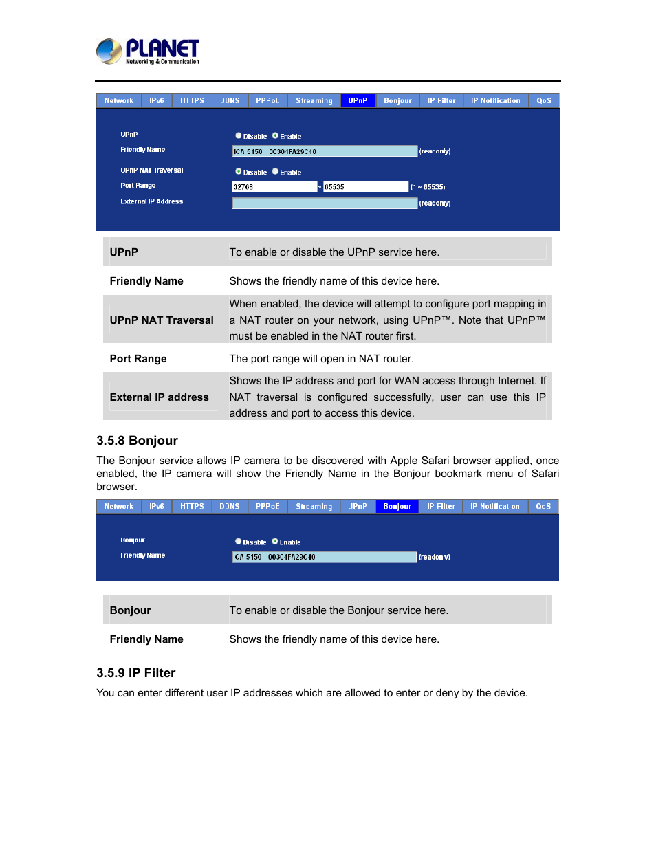 8 bonjour, 9 ip filter, 8 bonjour 3.5.9 ip filter | PLANET ICA-5150 User Manual | Page 43 / 90
