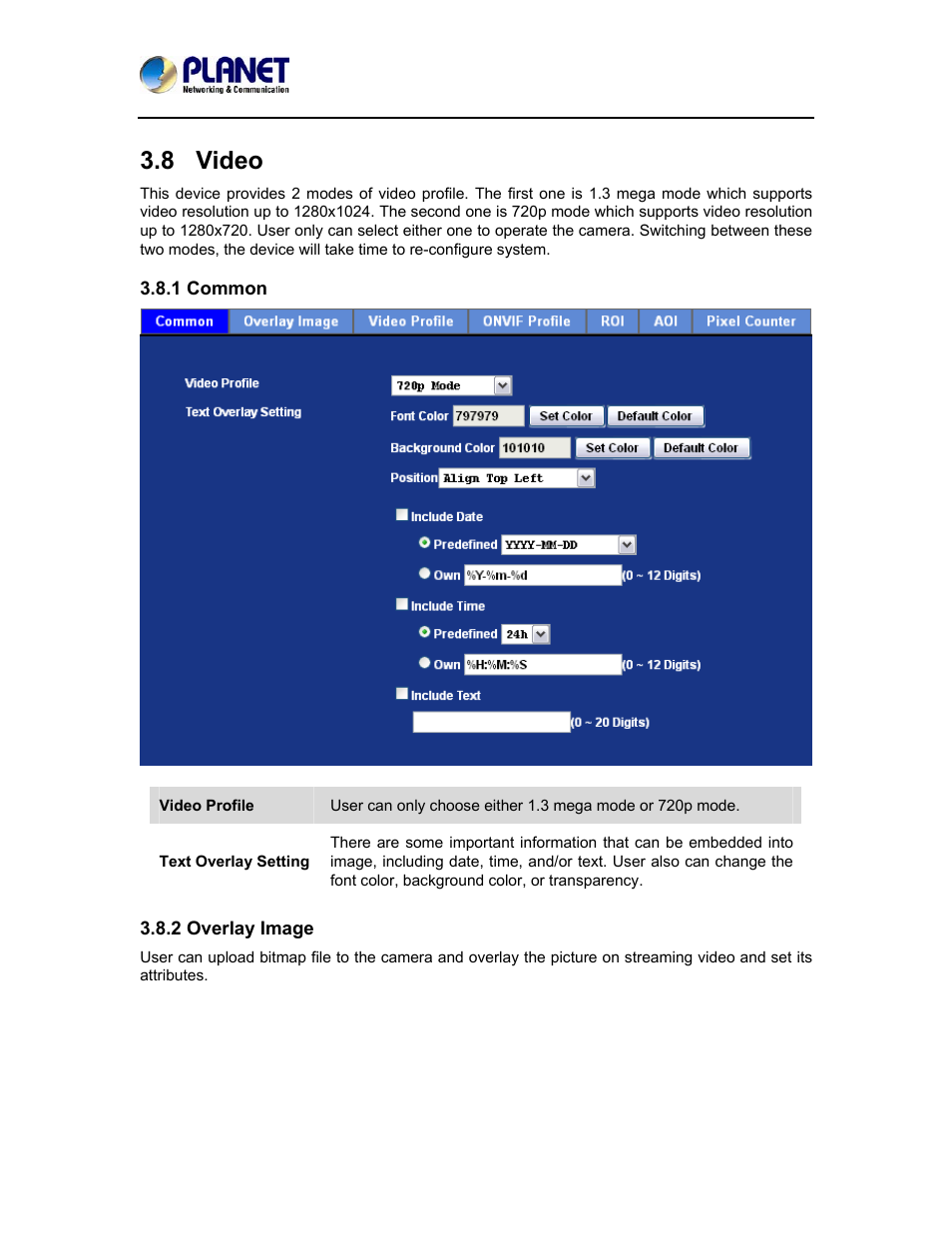 8 video, 1 common, 2 overlay image | 1 common 3.8.2 overlay image | PLANET ICA-5150 User Manual | Page 53 / 90