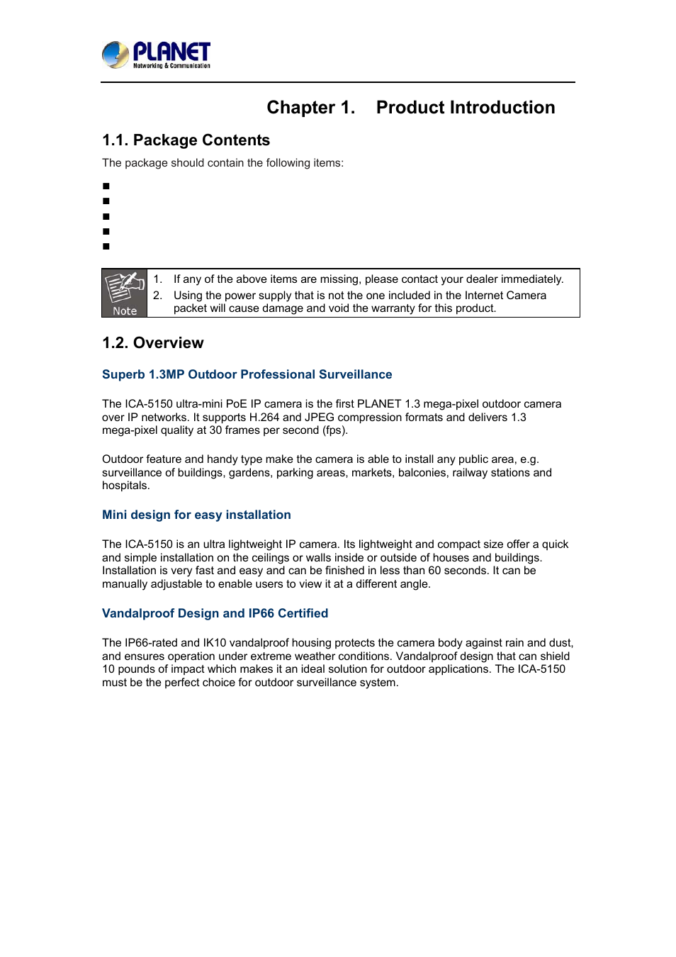 Chapter 1. product introduction, Package contents, Overview | Package contents 1.2. overview | PLANET ICA-5150 User Manual | Page 6 / 90