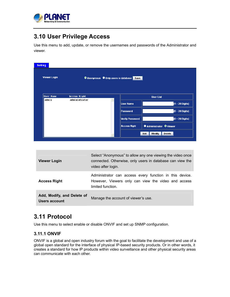 10 user privilege access, 11 protocol, 1 onvif | 10 user privilege access 3.11 protocol | PLANET ICA-5150 User Manual | Page 61 / 90