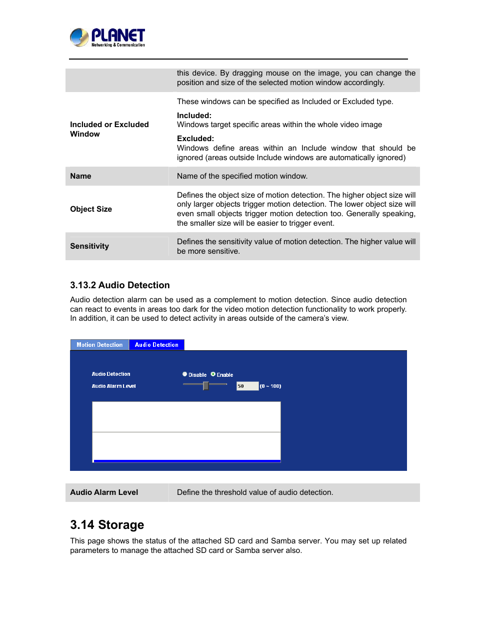 2 audio detection, 14 storage | PLANET ICA-5150 User Manual | Page 65 / 90