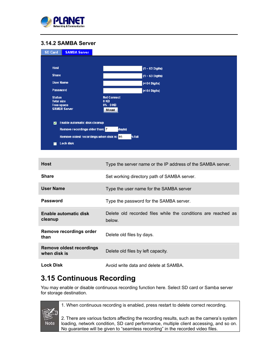 2 samba server, 15 continuous recording | PLANET ICA-5150 User Manual | Page 67 / 90