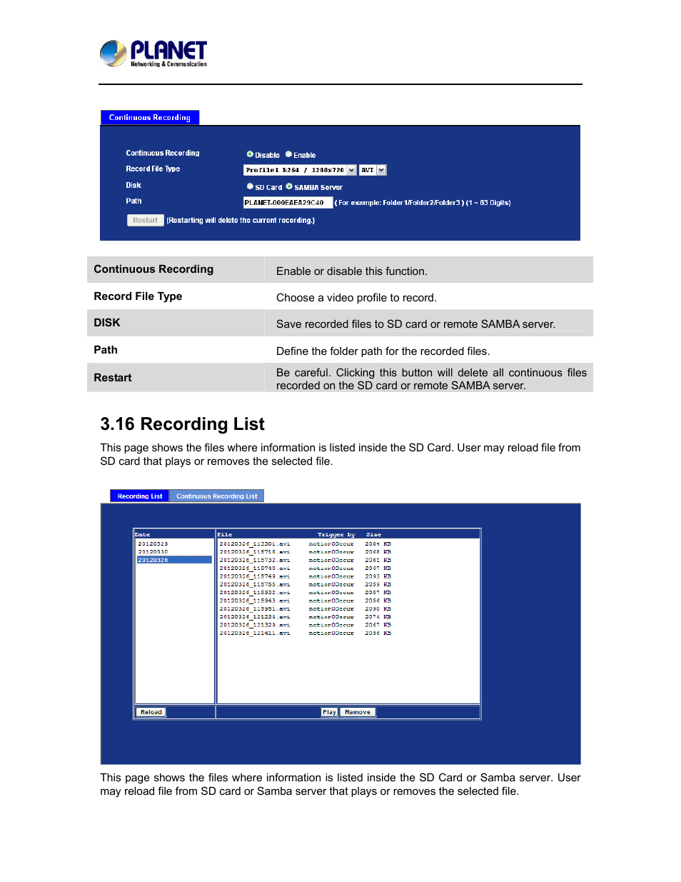 16 recording list | PLANET ICA-5150 User Manual | Page 68 / 90