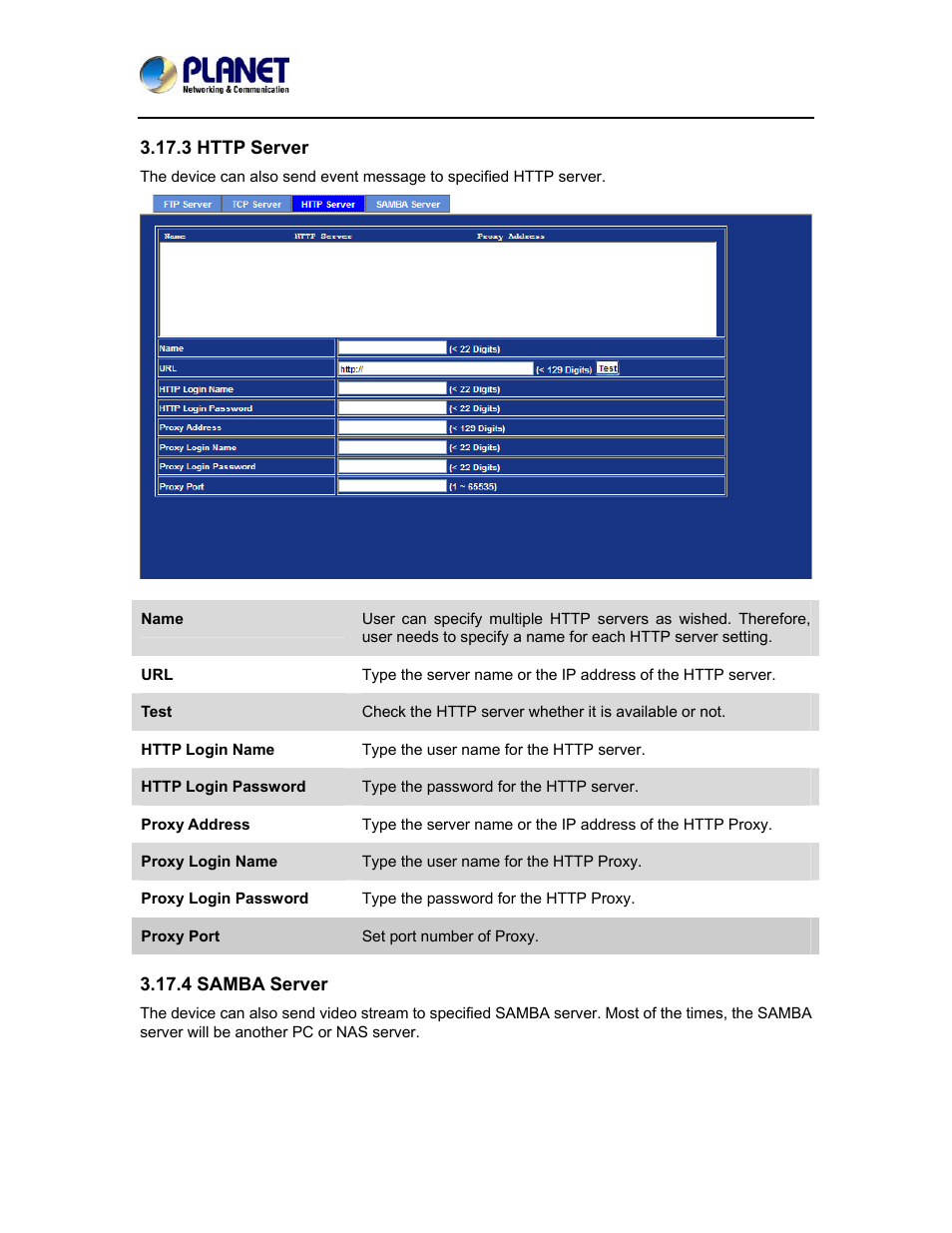 3 http server, 4 samba server, 3 http server 3.17.4 samba server | PLANET ICA-5150 User Manual | Page 71 / 90