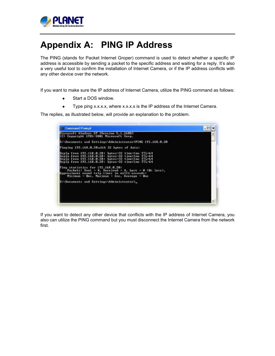 Appendix a: ping ip address, Appendix a, Ping ip address | PLANET ICA-5150 User Manual | Page 78 / 90