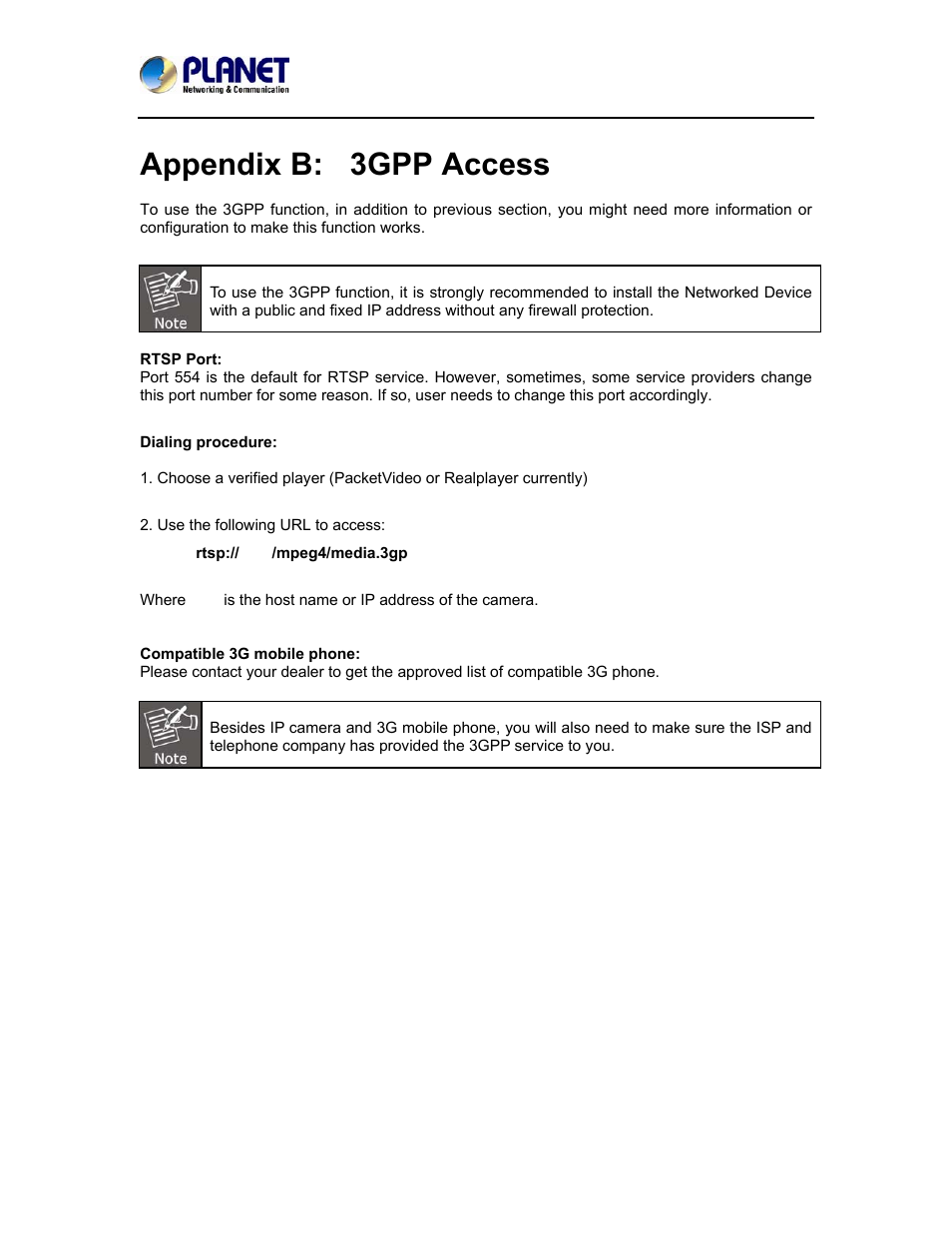 Appendix b: 3gpp access, Appendix b, 3gpp access | PLANET ICA-5150 User Manual | Page 79 / 90