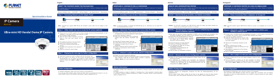 Verify the contents inside the package box, Verificare il contenuto della confezione, Inhalte des lieferkartons prüfen | Verifique o conteúdo dentro da caixa da embalagem, Step 1 : connecting network and ac adapter power, Further configuration, Ulteriori informazioni, Weitere konfiguration, Mais configurações, English italian german portuguese | PLANET ICA-5150 User Manual | Page 4 / 10
