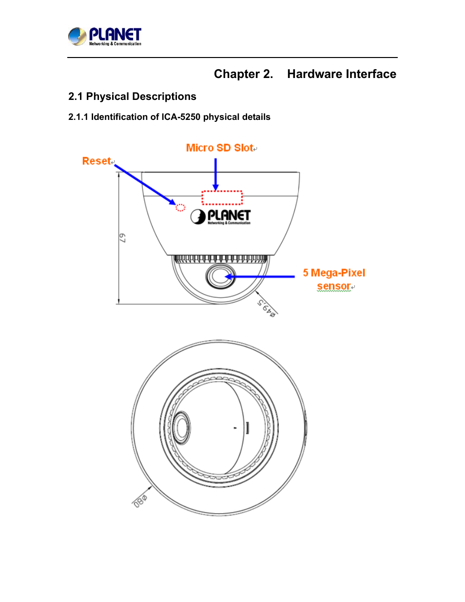 Chapter 2. hardware interface, 1 physical descriptions, 1 identification of ica-5250 physical details | PLANET ICA-5250 User Manual | Page 11 / 74