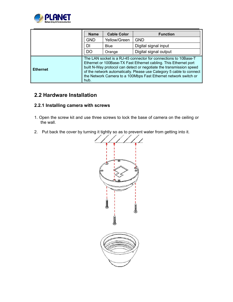 2 hardware installation, 1 installing camera with screws | PLANET ICA-5250 User Manual | Page 13 / 74