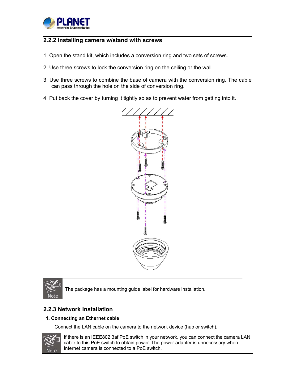 2 installing camera w/stand with screws | PLANET ICA-5250 User Manual | Page 14 / 74