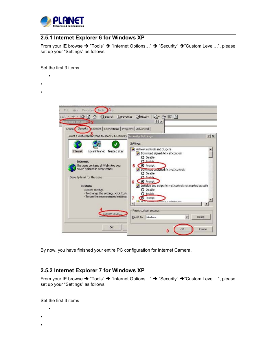 1 internet explorer 6 for windows xp, 2 internet explorer 7 for windows xp | PLANET ICA-5250 User Manual | Page 25 / 74