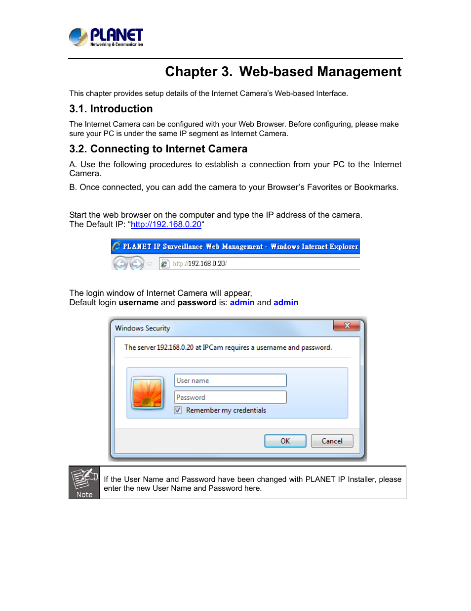 Chapter 3. web-based management, Introduction, Connecting to internet camera | Introduction 3.2. connecting to internet camera | PLANET ICA-5250 User Manual | Page 28 / 74
