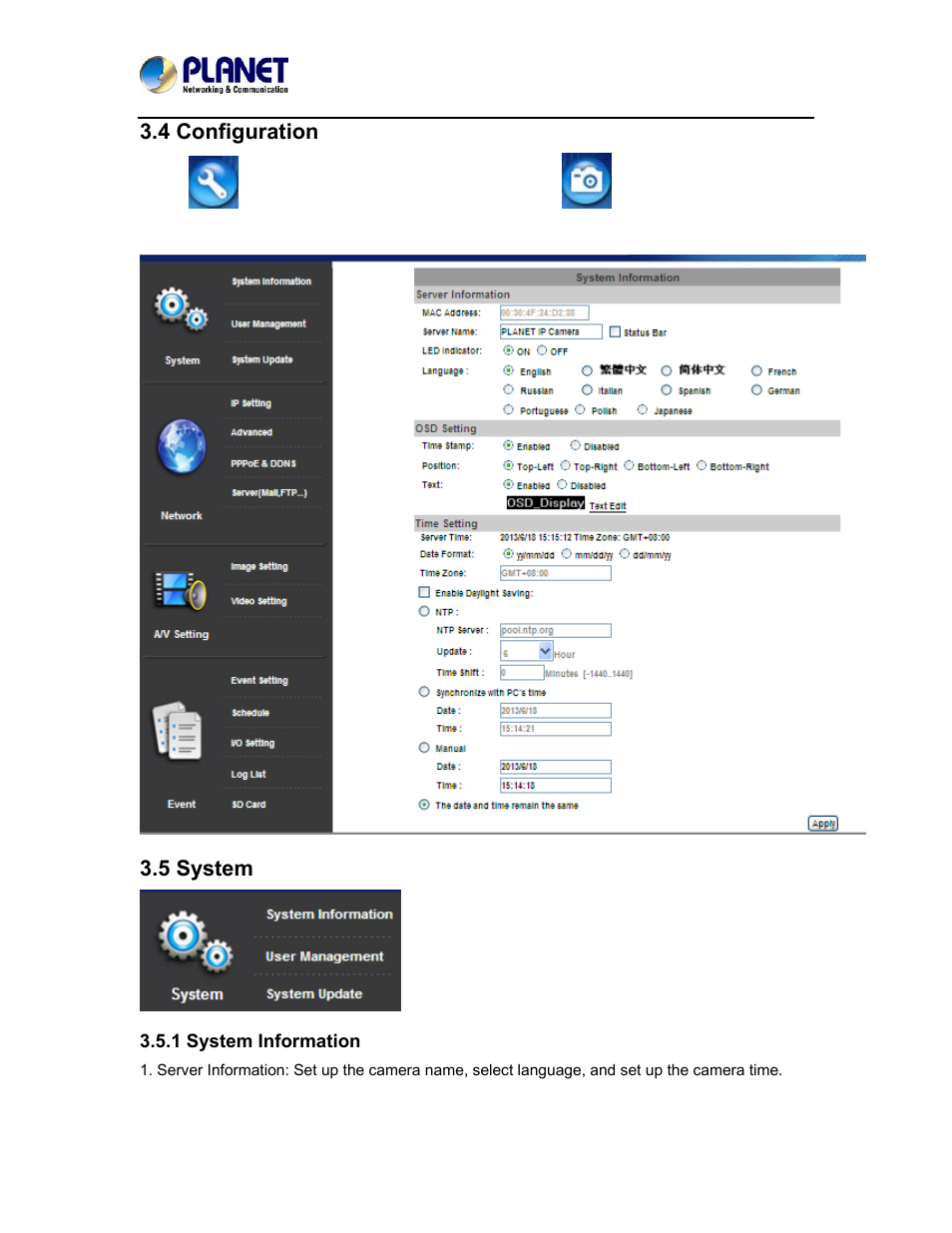 4 configuration, 5 system, 1 system information | 4 configuration 3.5 system | PLANET ICA-5250 User Manual | Page 32 / 74