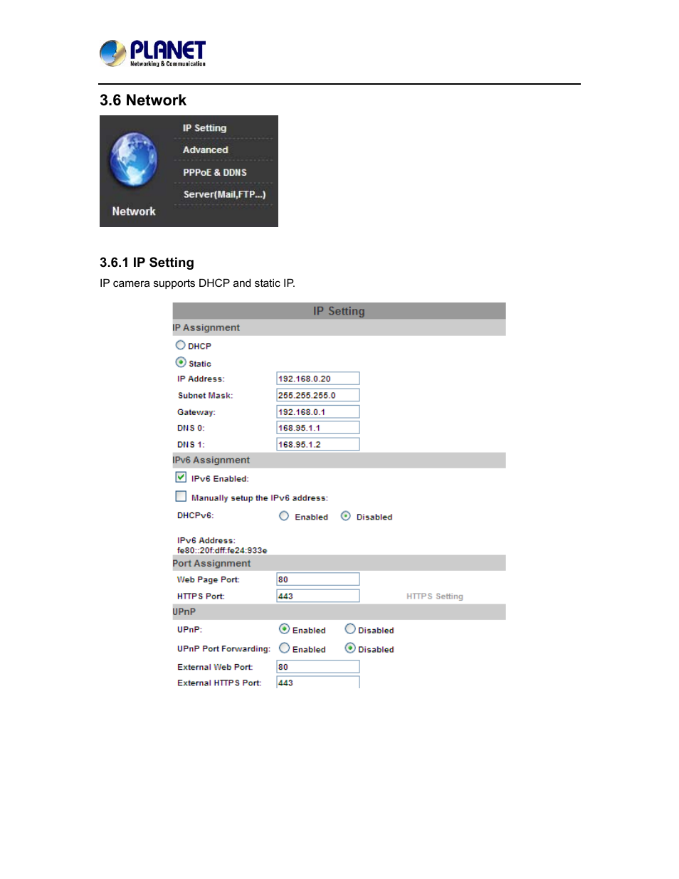6 network, 1 ip setting | PLANET ICA-5250 User Manual | Page 37 / 74