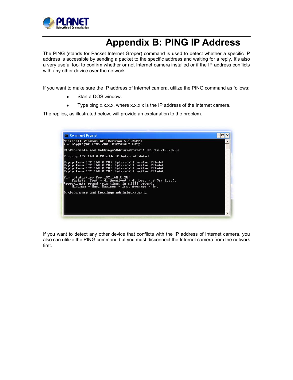 Appendix b: ping ip address | PLANET ICA-5250 User Manual | Page 64 / 74