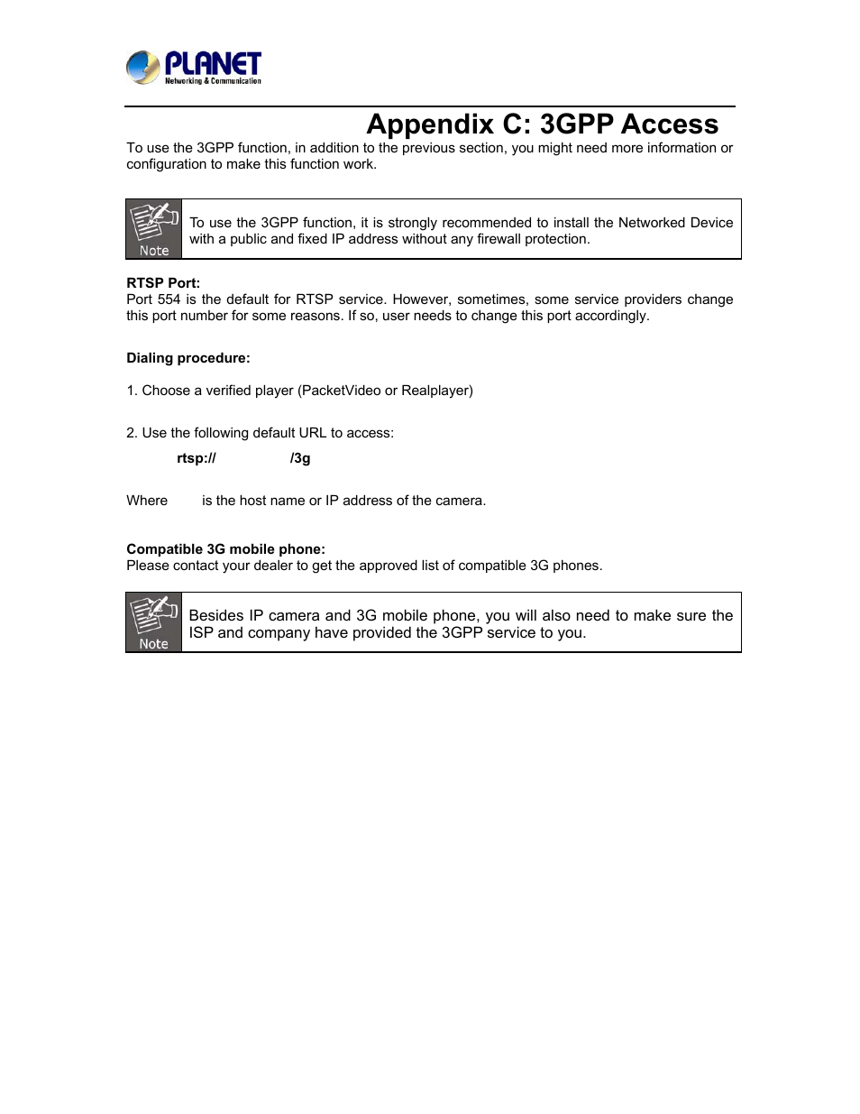 Appendix c: 3gpp access | PLANET ICA-5250 User Manual | Page 65 / 74