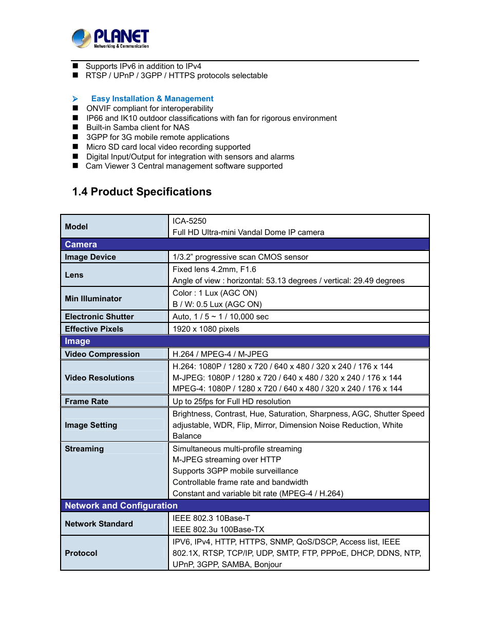 4 product specifications | PLANET ICA-5250 User Manual | Page 9 / 74