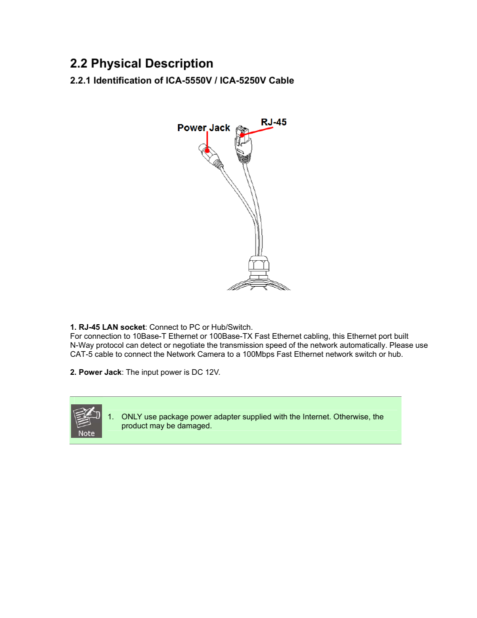 2 physical description, 1 identification of ica-5550v / ica-5250v cable | PLANET ICA-5250V User Manual | Page 14 / 81