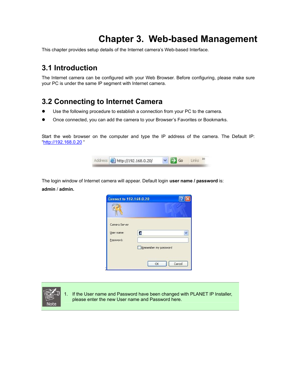 Chapter3. web-based management, 1 introduction, 2 connecting to internet camera | Chapter3, Web-based management, Chapter 3. web-based management | PLANET ICA-5250V User Manual | Page 28 / 81