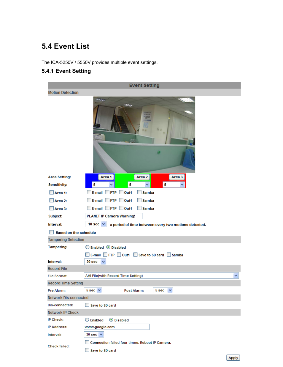 4 event list, 1 event setting | PLANET ICA-5250V User Manual | Page 63 / 81