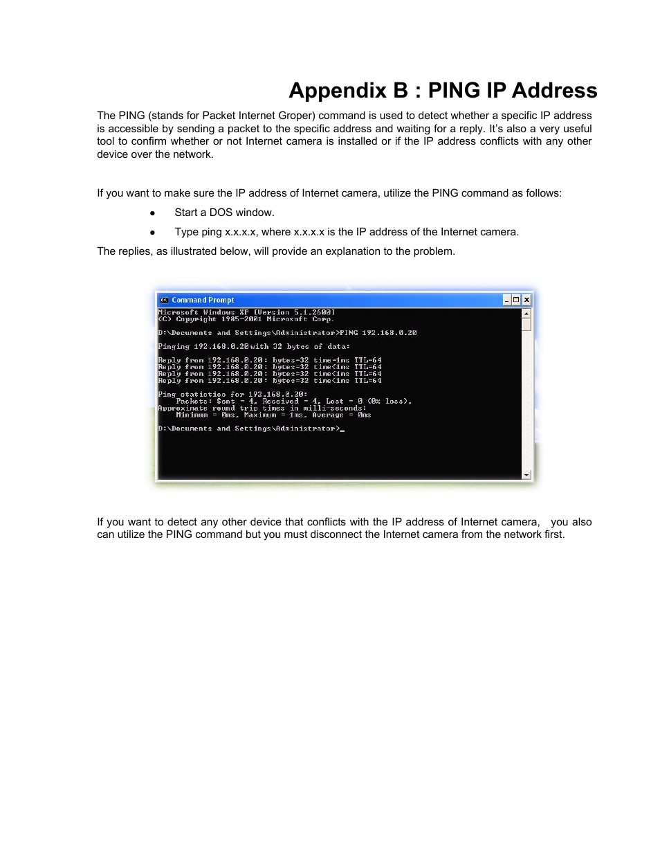 Appendix b : ping ip address, Appendix b, Ping ip address | PLANET ICA-5250V User Manual | Page 71 / 81