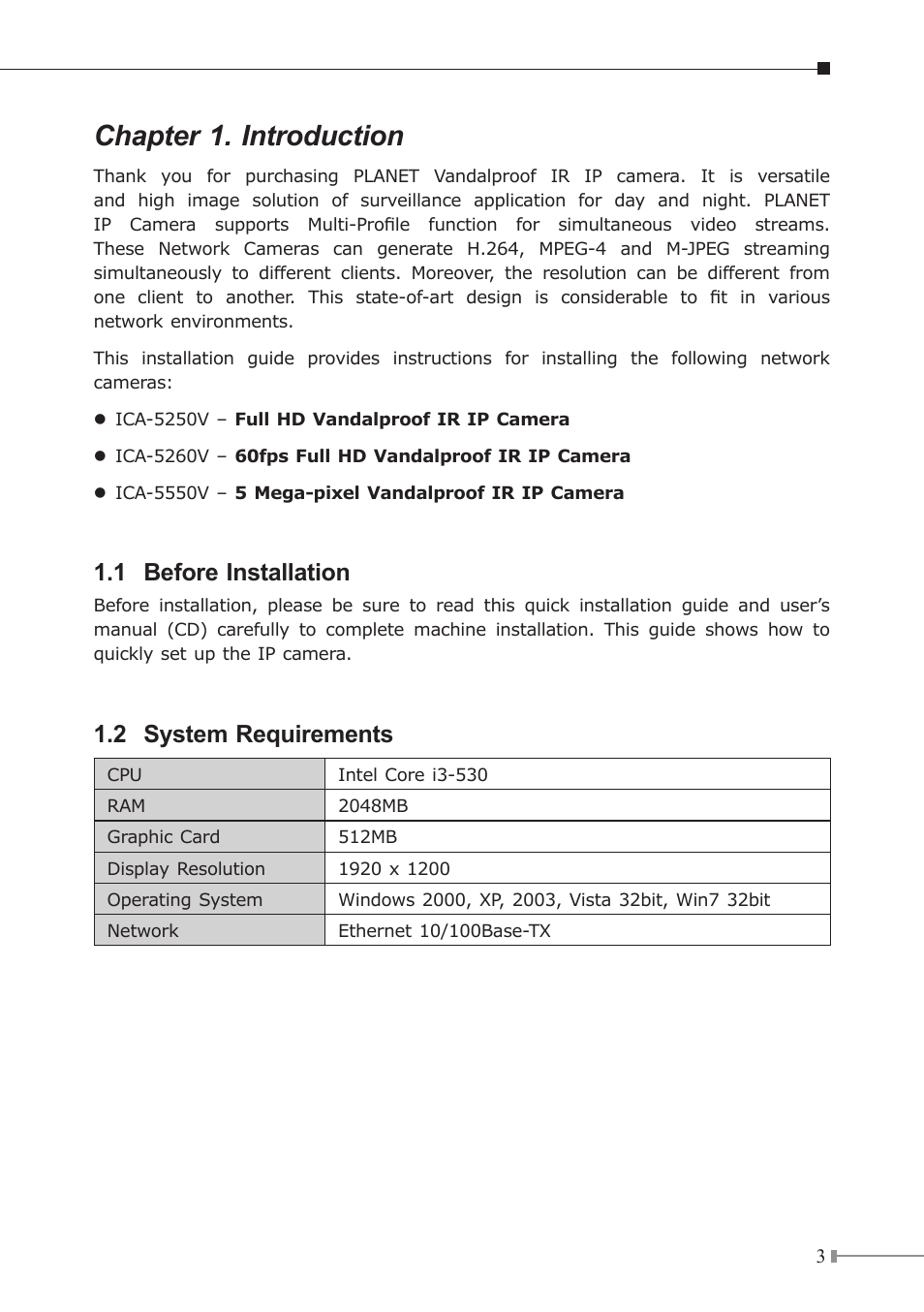 Chapter 1. introduction, 1 before installation, 2 system requirements | PLANET ICA-5250V User Manual | Page 3 / 12