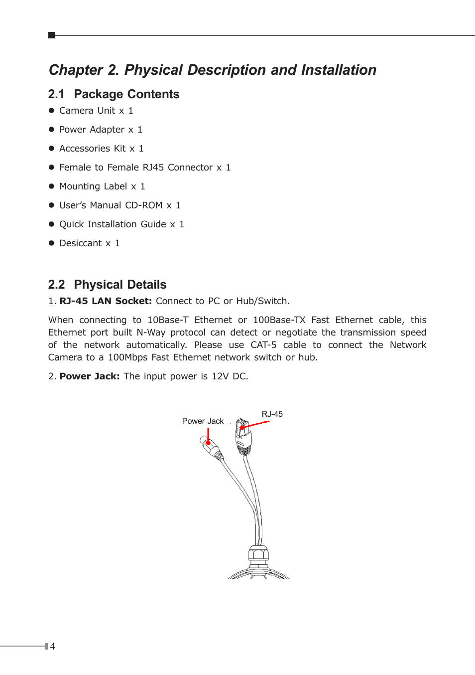 Chapter 2. physical description and installation, 1 package contents, 2 physical details | PLANET ICA-5250V User Manual | Page 4 / 12