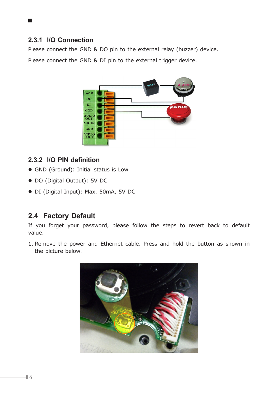 1 i/o connection, 2 i/o pin definition, 4 factory default | PLANET ICA-5250V User Manual | Page 6 / 12