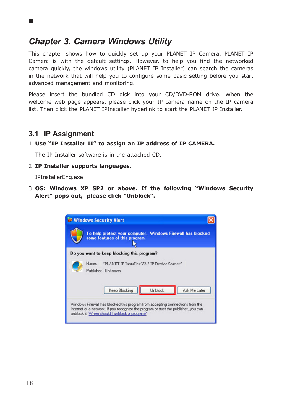 Chapter 3. camera windows utility, 1 ip assignment | PLANET ICA-5250V User Manual | Page 8 / 12