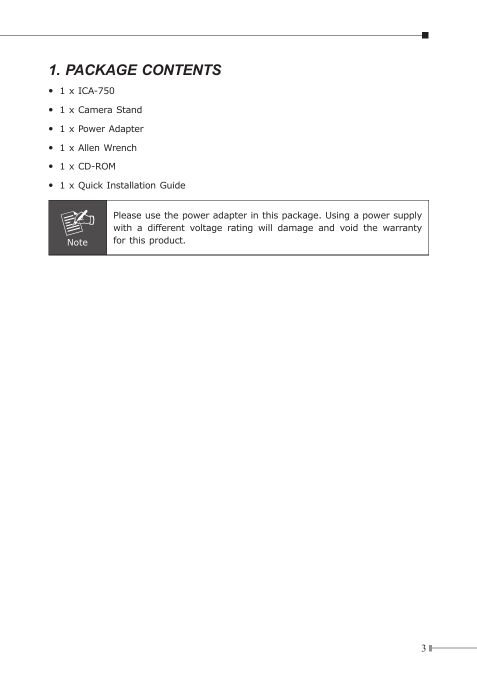 Package contents | PLANET ICA-750 User Manual | Page 3 / 20