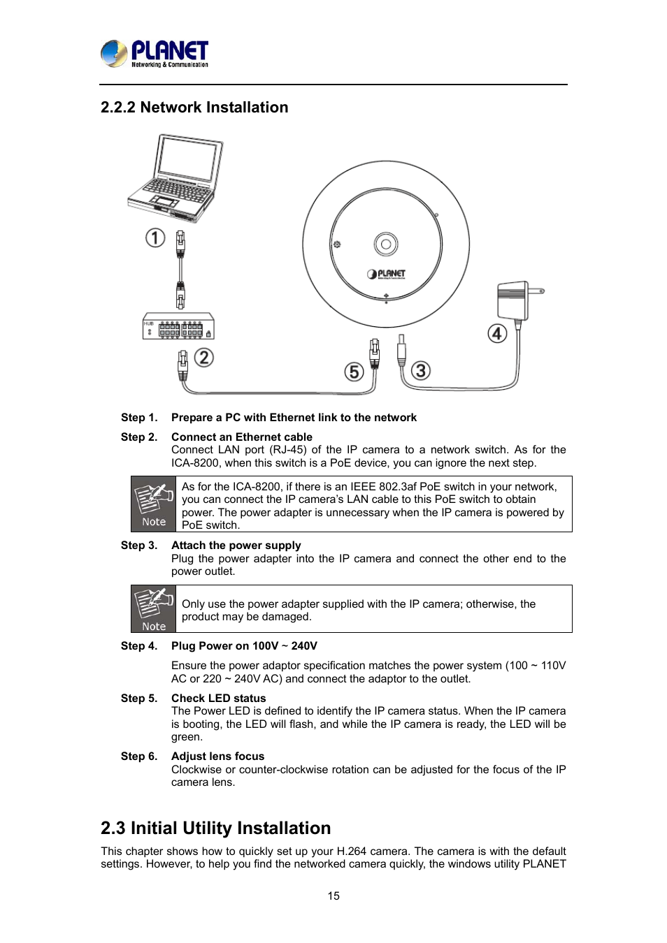 2 network installation, 3 initial utility installation | PLANET ICA-8200 User Manual | Page 15 / 68