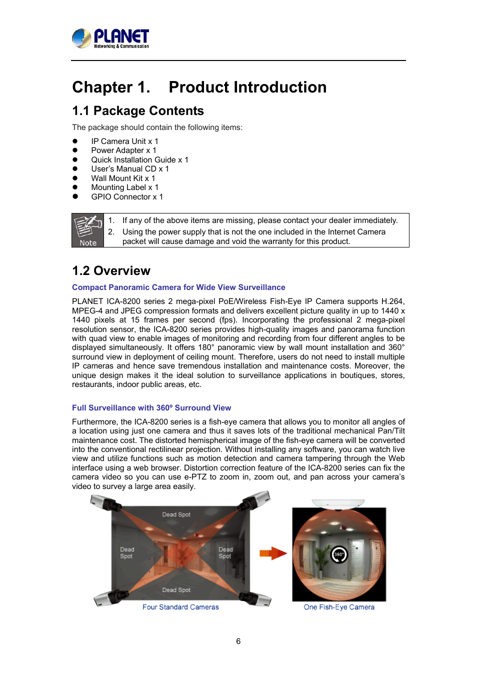 Chapter 1. product introduction, 1 package contents, 2 overview | 1 package contents 1.2 overview, Nchapter 1. product introductio | PLANET ICA-8200 User Manual | Page 6 / 68