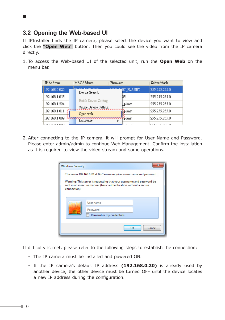 2 opening the web-based ui | PLANET ICA-8200 User Manual | Page 10 / 12