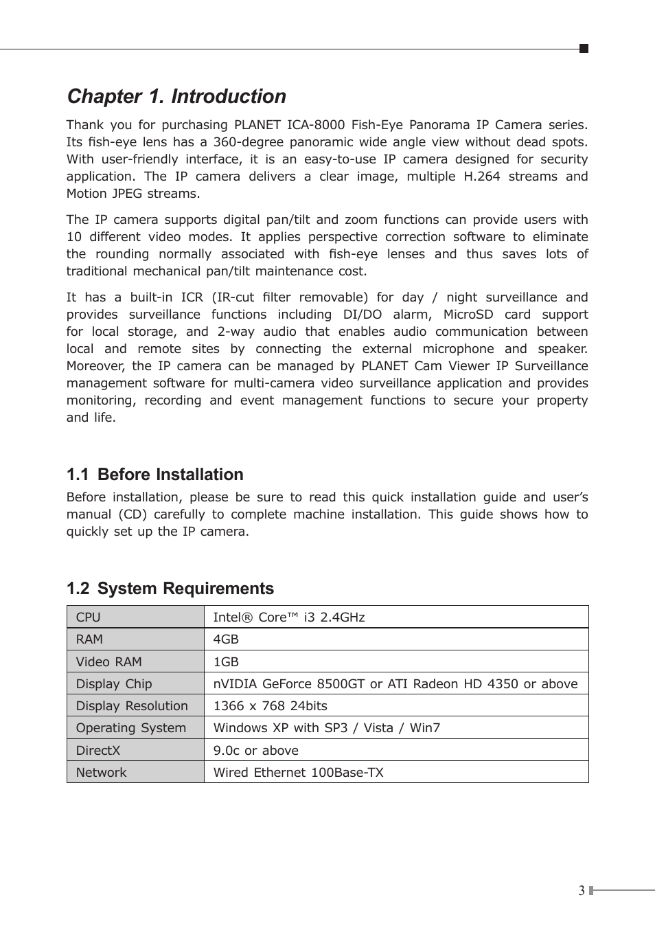 Chapter 1. introduction, 1 before installation, 2 system requirements | PLANET ICA-8200 User Manual | Page 3 / 12
