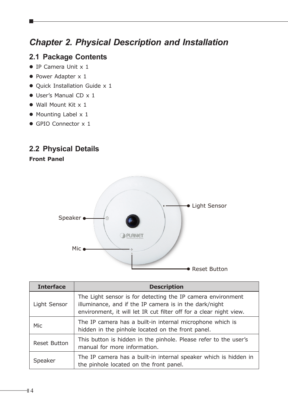 Chapter 2. physical description and inst, 1 package contents, 2 physical details | Chapter 2. physical description and installation | PLANET ICA-8200 User Manual | Page 4 / 12