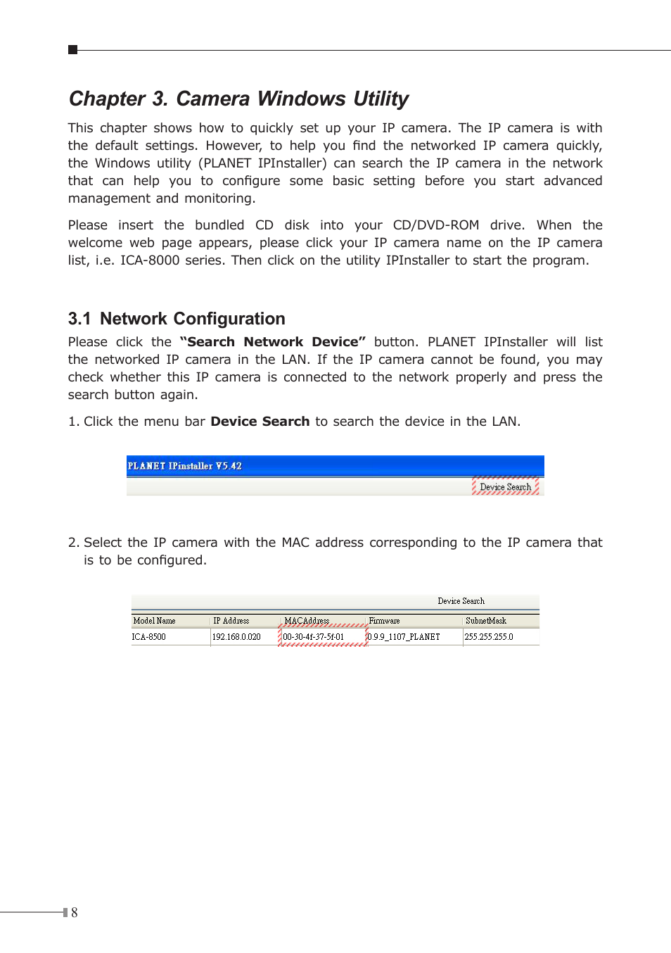 Chapter 3. camera windows utility, Network.configuration, 1 network configuration | PLANET ICA-8200 User Manual | Page 8 / 12
