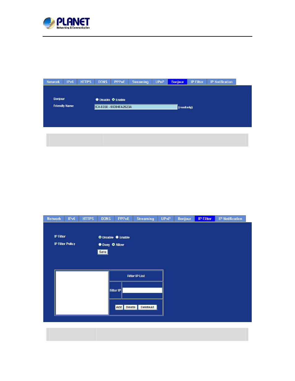 Bonjour, Ip filter, Bonjour 6.1.9. ip filter | PLANET ICA-8350 User Manual | Page 48 / 103