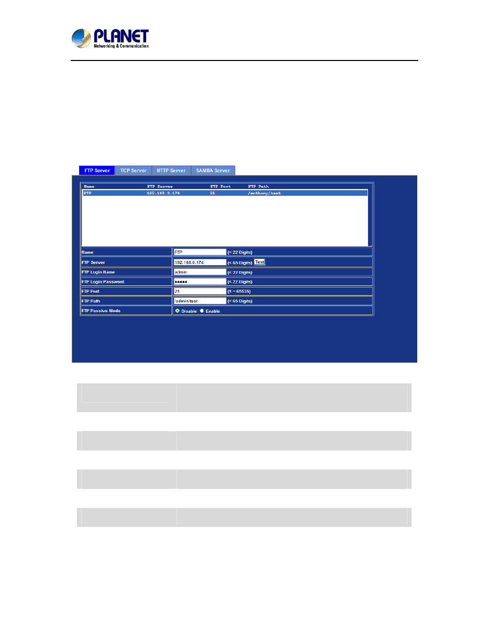 Event server configuration, Ftp server | PLANET ICA-8350 User Manual | Page 78 / 103