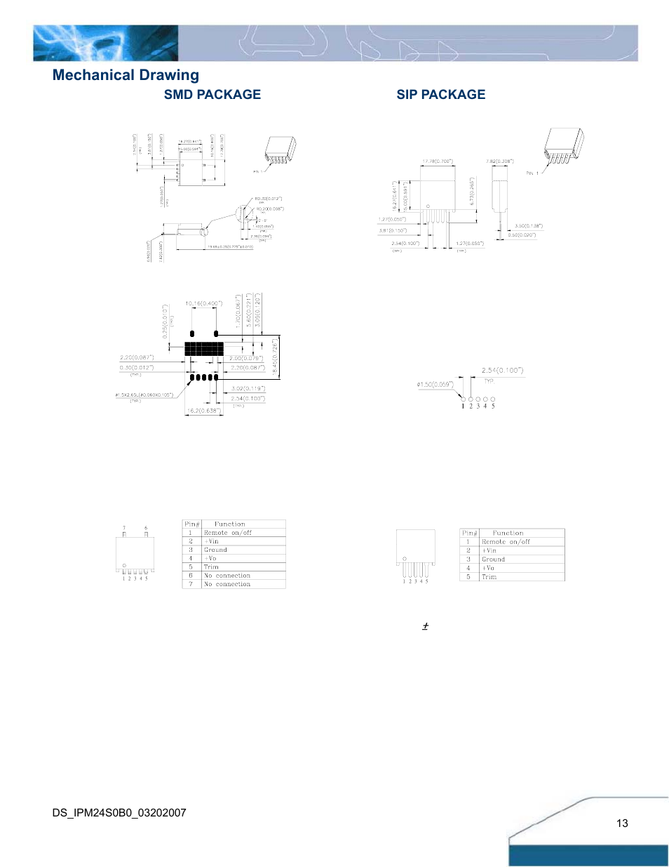 Mechanical drawing, Smd package sip package | Delta Electronics IPM24S0B0 User Manual | Page 13 / 14