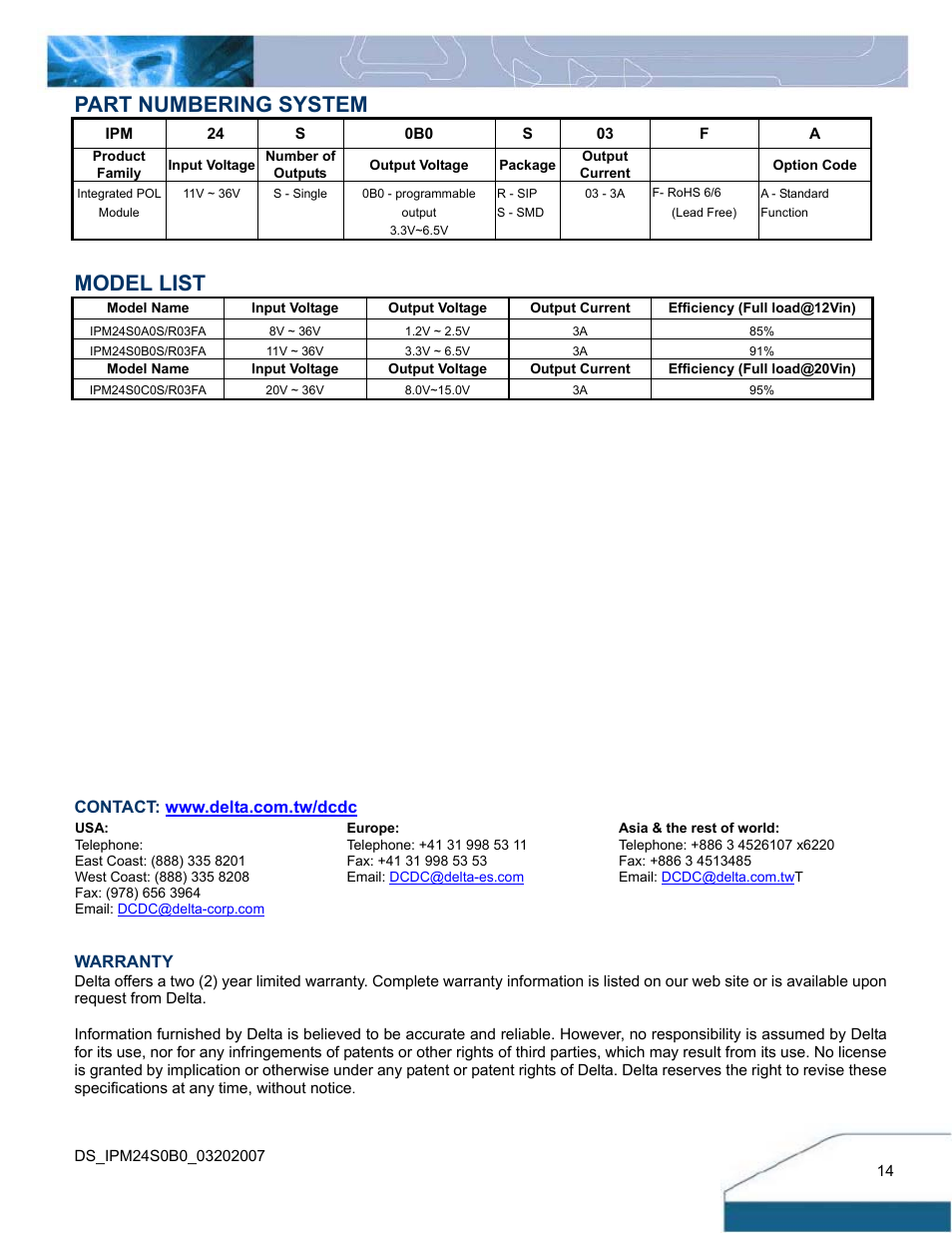 Output voltage, Warranty, Part numbering system | Model list | Delta Electronics IPM24S0B0 User Manual | Page 14 / 14