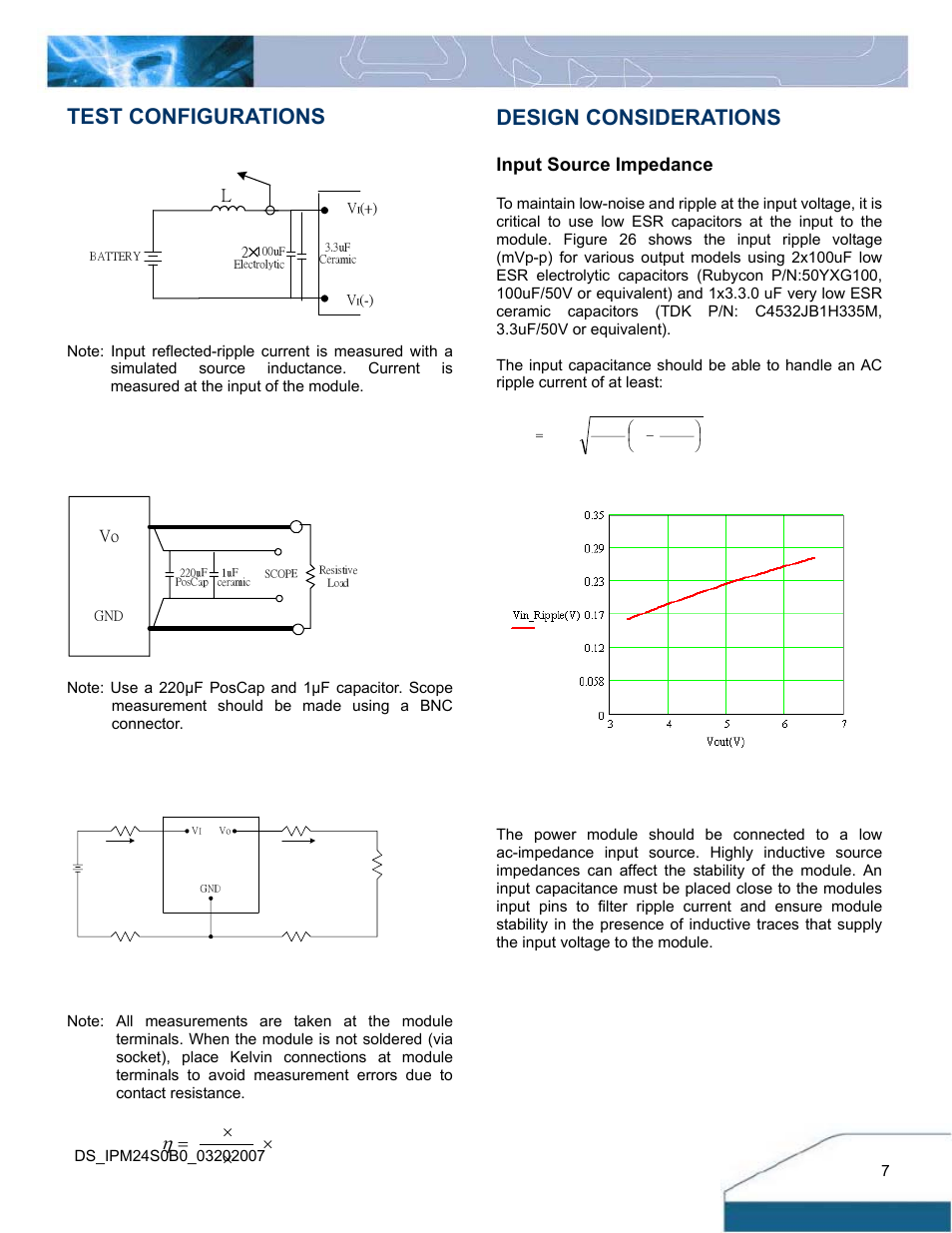 Test configurations, Design considerations, 100 ) ( ч ч ч = ii vi io vo | Input source impedance | Delta Electronics IPM24S0B0 User Manual | Page 7 / 14
