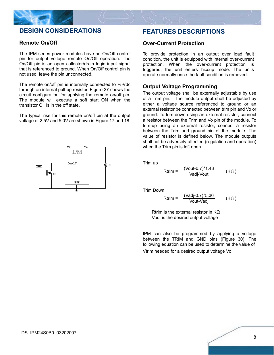Design considerations, Features descriptions | Delta Electronics IPM24S0B0 User Manual | Page 8 / 14