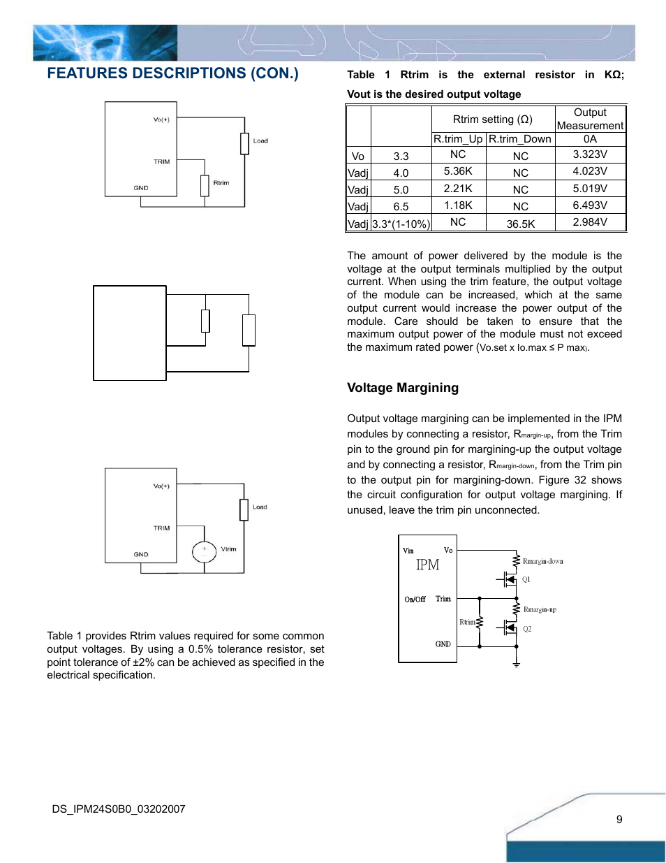 Features descriptions (con.), Voltage margining | Delta Electronics IPM24S0B0 User Manual | Page 9 / 14