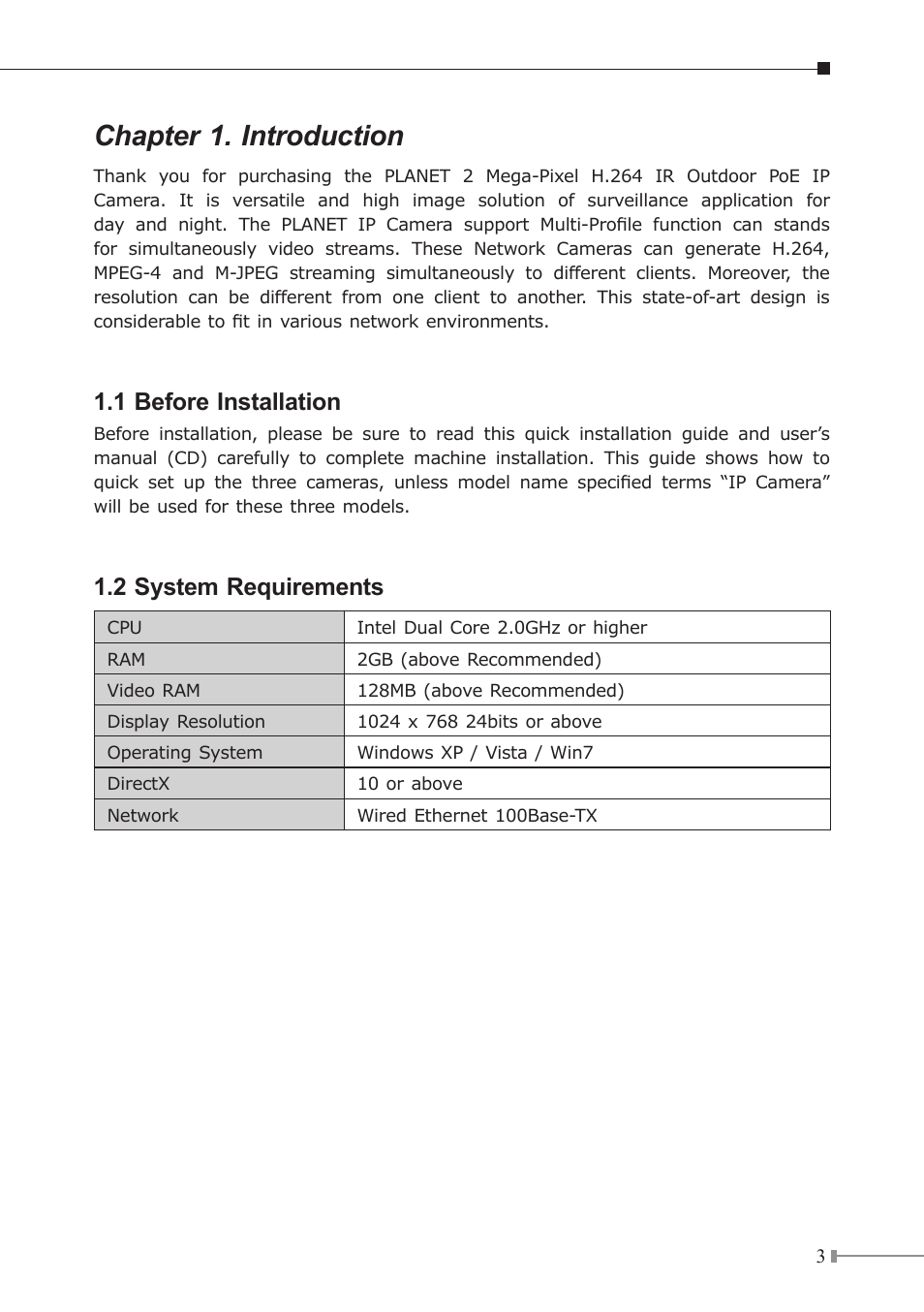 Chapter 1. introduction, 1 before installation, 2 system requirements | PLANET ICA-HM312 User Manual | Page 3 / 12